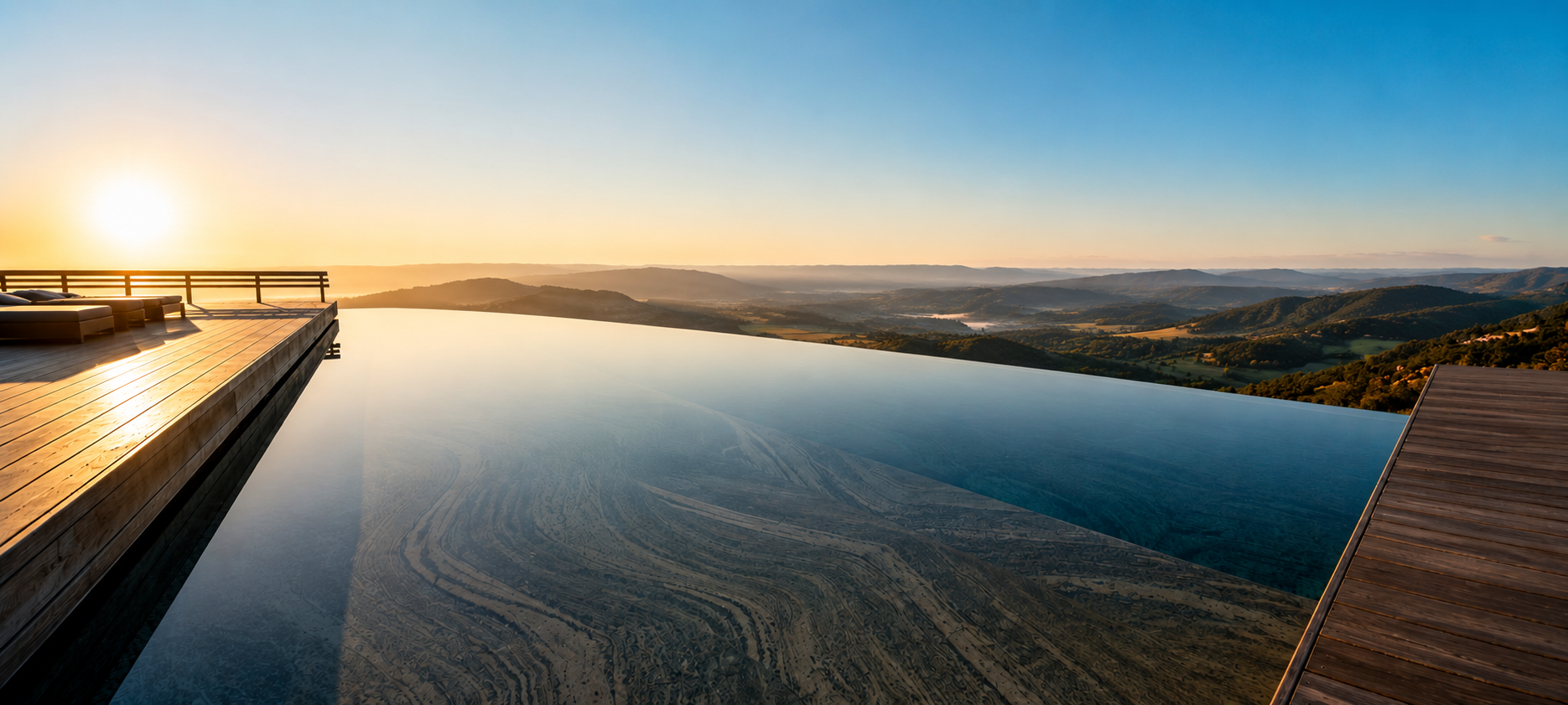 Piscina de borda infinita ao entardecer, se fundindo com o horizonte da mata